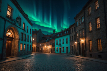 Fototapeta premium Old town buildings under a bright teal aurora, cobblestone streets dimly lit, giving a nostalgic, magical feel