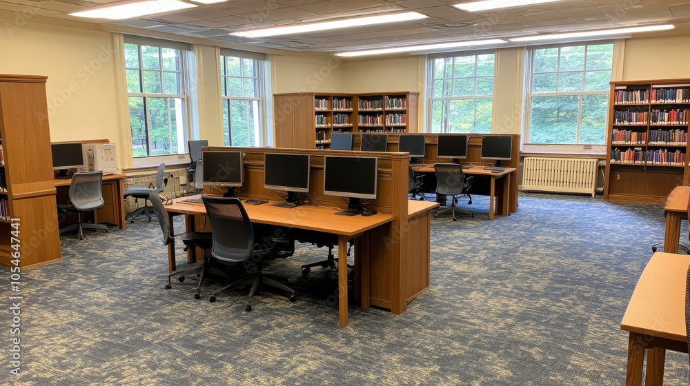Poster modern library with computers and natural lighting