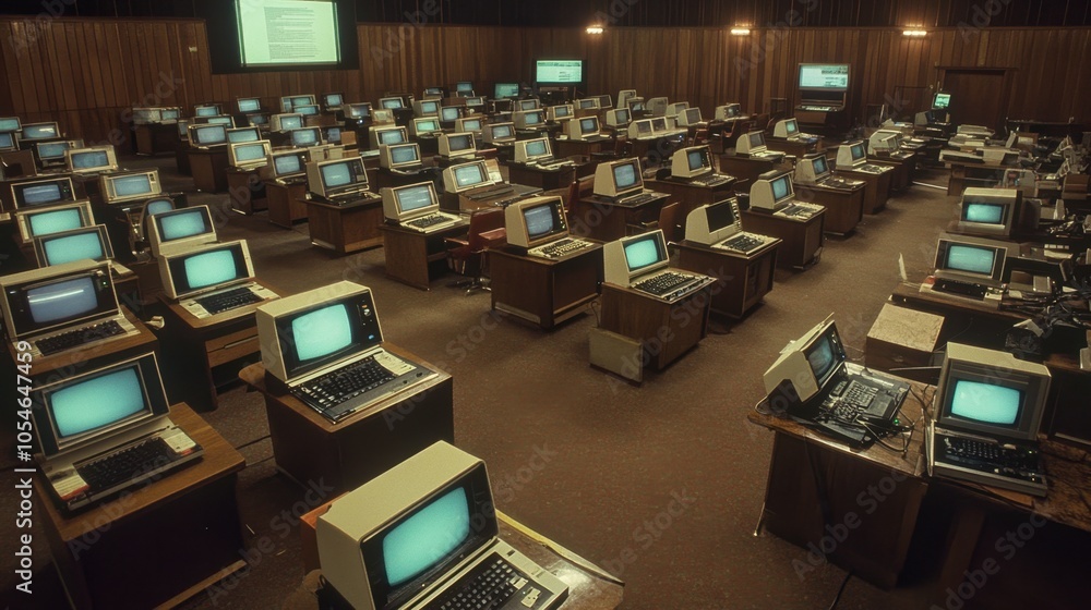 Poster vintage computer lab with retro technology setup