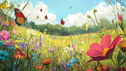 Blooming meadow: colorful wildflowers, butterflies, and bees busily pollinating. highlight the richness and diversity of life in a natural setting. Wildflower Meadow. Illustration
