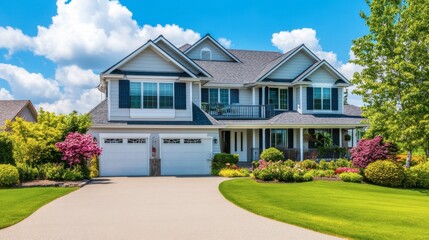 Beautiful suburban home with vibrant landscape and blue sky