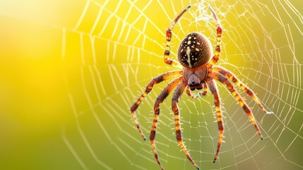 Obraz premium Close-up of a spider on intricate web against a vibrant sunset background