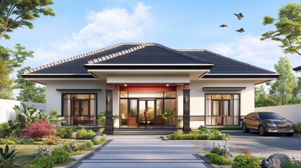 Modern House Front with Garden and Blue Sky