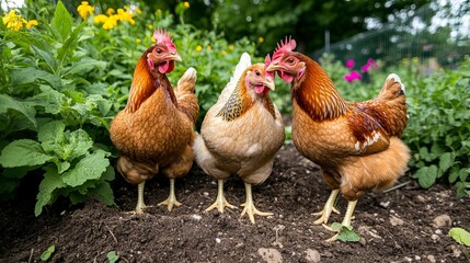 Fototapeta premium Three brown and white chickens stand in a line on dirt in a garden.