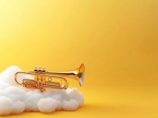 A shiny golden trumpet rests on fluffy clouds against a bright yellow background, evoking a...