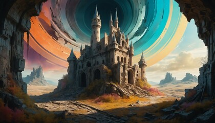 A fragmented landscape of a crumbling castle set against a swirling vortex of colors, where textured layers of grime and decay blend with ethereal light
