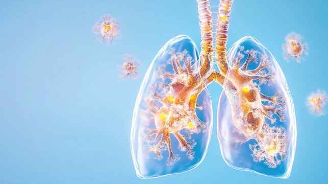 Illustration of NAC (N-Acetyl Cysteine) Supporting Respiratory Wellness, Clear Airways, and Lung Function with an Eye-Catching Hologram