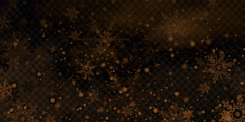 Snowflakes falling christmas decoration isolated background. White snow flying on transparent. Vector heavy snowfall, snowflakes in different shapes and forms.
