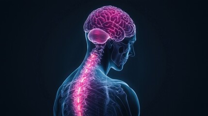 Human brain and spine x-ray with neural connections