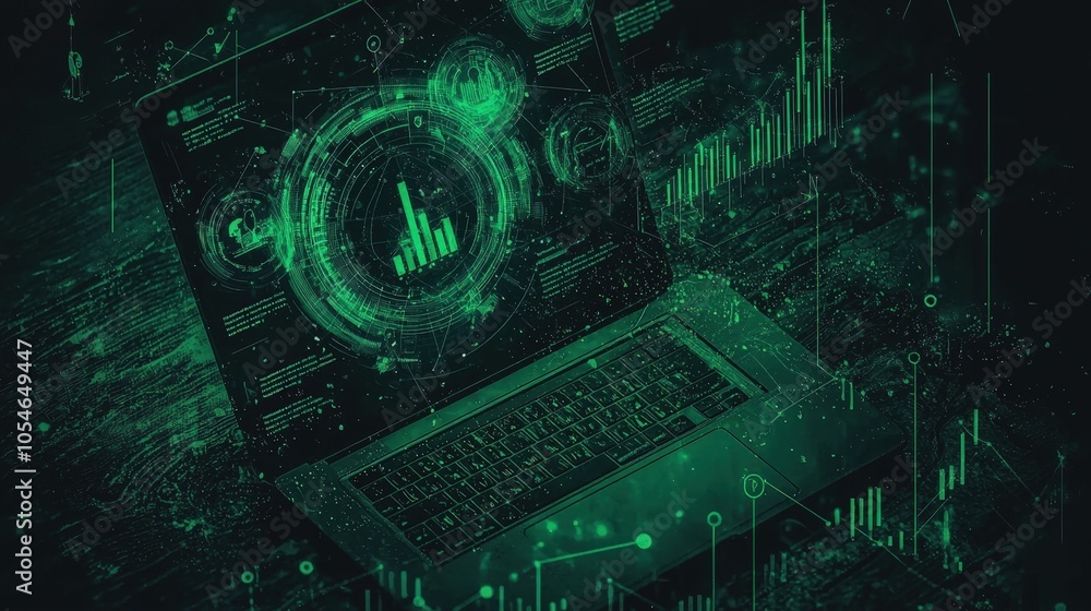 Aufkleber futuristic data analytics interface on laptop with digital graphs and holographic elements