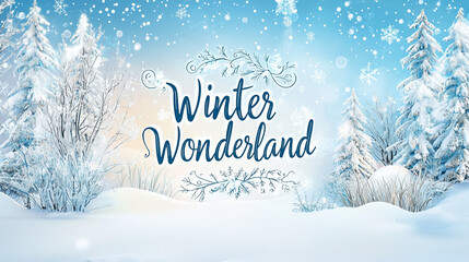 Winter wonderland text on winter banner with snow falling and snowflakes. Blue Christmas background