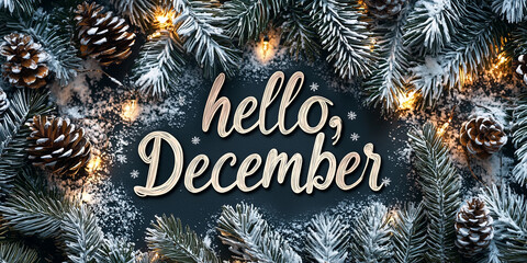 Hello December text on Christmas background surrounded by Christmas decorations banner. Hello winter, lettering design. 