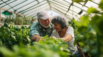 senior couple working at farm greenhouse. 