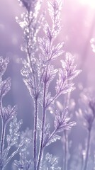 Delicate frost-covered plants shimmer in soft light, creating a serene winter scene. The intricate ice crystals highlight the beauty of nature's artistry.