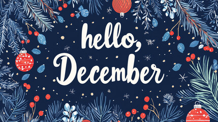 Hello December text on Christmas background surrounded by Christmas decorations illustration. Hello winter, lettering design. 
