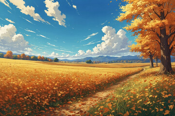 Fototapeta premium Anime style, vast countryside with golden fall leaves, crisp blue sky, gentle wind blowing across warm fields