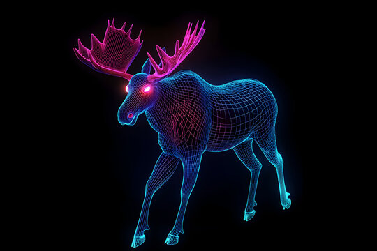 recommend clip art: An electrifying illustration of a moose in motion, outlined in neon wireframe with luminous eyes and hooves on a black backdrop.