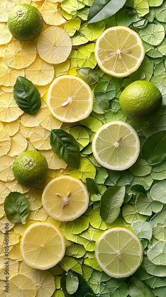 Poster a vibrant and refreshing arrangement of limes and lemons on a gradient backdrop of citrus slices and