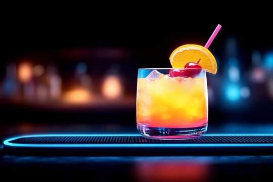 3D-rendered image of a bartender pouring a bright, colorful cocktail in a modern bar, capturing the vibrant energy and detail in digital style, symbolizing sophistication and creativity