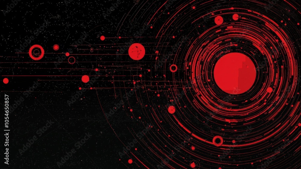 Poster futuristic red and black digital orbit with concentric circles and dots