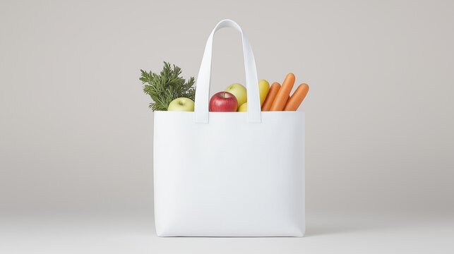 Minimalist white tote bag with fresh fruits and vegetables on plain background