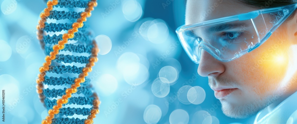 Poster young scientist analyzing dna helix in high-tech laboratory environment