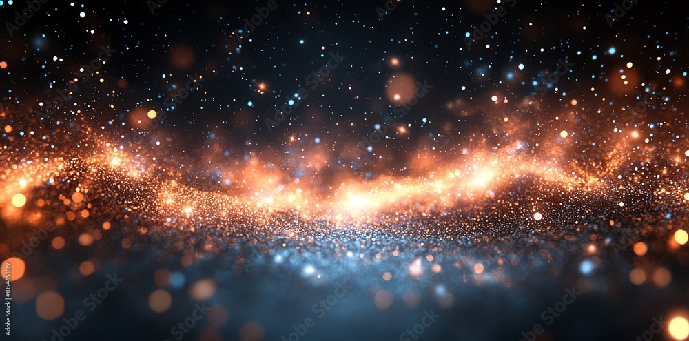 Poster Abstract background with glittering particles and bokeh lights in orange and blue tones.