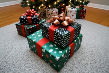A stack of freshly wrapped presents under a Christmas tree, with neat ribbons and bows, capturing the festive atmosphere, symbolizing joy and generosity