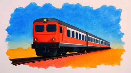 Obraz premium Bright red train journeying through vibrant desert landscape against clear blue sky