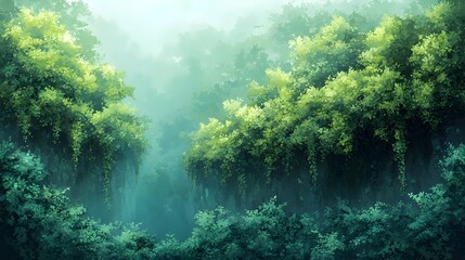 Obraz premium A serene forest scene showcasing lush green foliage, dense trees, and a mysterious mist, creating a tranquil and enchanting atmosphere in the heart of nature.
