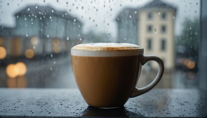 Obraz premium Close-up of a coffee cup with latte art, placed in front of a blurred rainy window background, capturing moody reflections and droplets