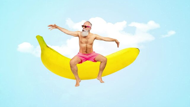 Motion collage video of happy old man sit banana fruit summer resort pool party wear swim shorts ball relax 