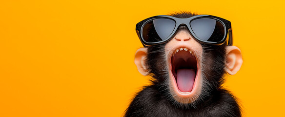 Adorable baby monkey wearing sunglasses with playful expression. Chimpanzee with stylish sunglasses.