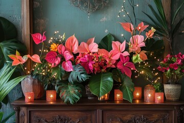 festive floral decor, a display of tropical flowers mixed with sparkling fairy lights on an elaborate vintage sideboard, adding festive charm
