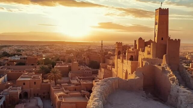 Riyadh - Ancient City, A desert city at sunrise, with ancient buildings and a tall tower.