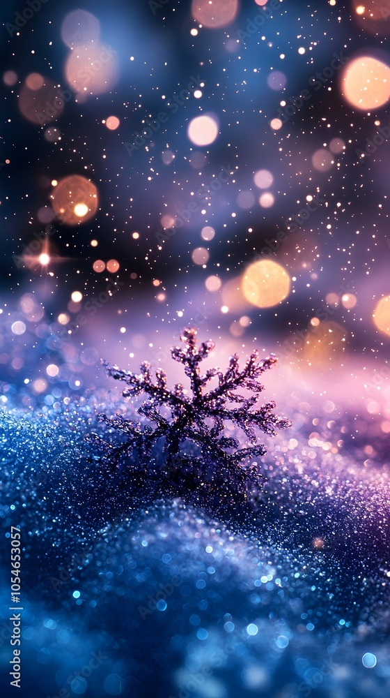 Poster a delicate snowflake resting on a shimmering surface, illuminated by warm bokeh lights in hues of pu