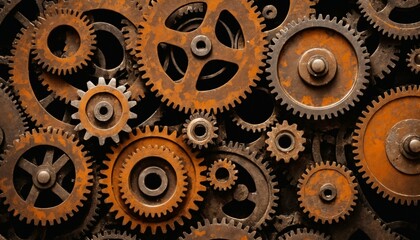 Clustered, corroded gears with tarnished metal hues, raised textures, and subtle metal reflections in orange and brown tones