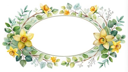 Watercolor oval frame with eucalyptus and daffodil flowers reflected
