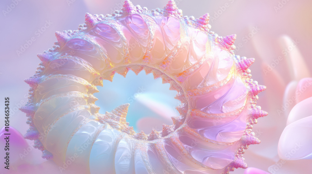 Poster pastel spiral seashell with iridescent pearlescent texture in soft focus background