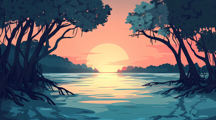Flat design of mangrove landscape background vector illustration. Mangrove Swamp. Illustration