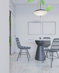 corner of modern dining room with rattan chair and poster frame mockup. 3d illustration