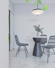 corner of modern dining room with rattan chair, white space wall. 3d illustration