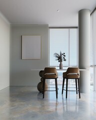 minimalist dining room apartment concept with small bar stool, poster frame mockup. 3d illustrration
