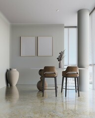 minimalist diningroom apartment concept with small bar stool, poster frame mockup. 3d illustrration