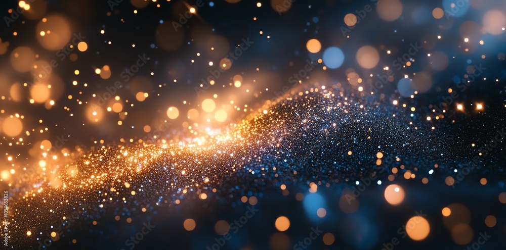 Poster abstract background with blue and gold glitter particles and bokeh lights.