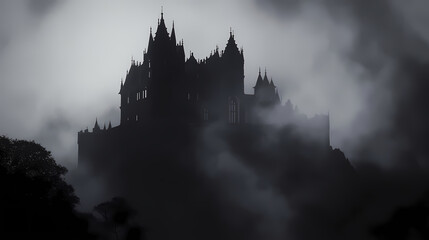Foreboding gothic castle, darkly lit, silhouette, moody ambience, generative ai. Misty Moorlands. Illustration