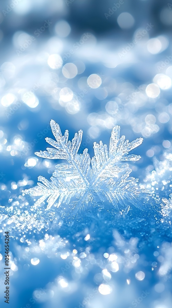 Poster a close-up of a delicate snowflake resting on a bed of shimmering blue snow, creating a mesmerizing 