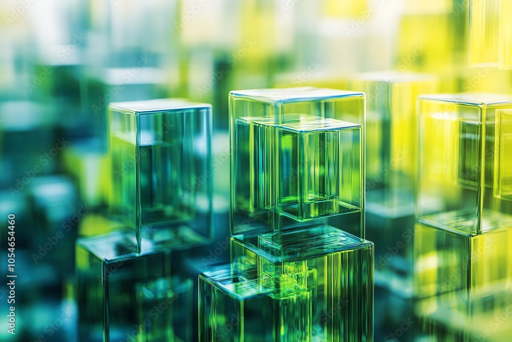 Fototapete abstract background of stacked translucent cubes with green and yellow hues, creating a sense of dep