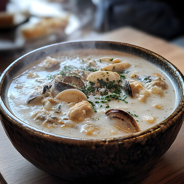 steaming hot bowl of clam chowder