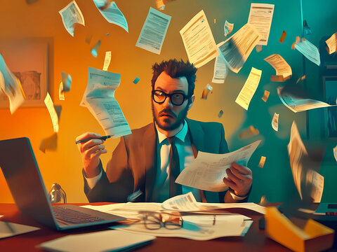 AI-Generated image of A man is sitting at a desk with papers flying around him. He is holding a pen and he is in a state of panic. The scene suggests that he is overwhelmed with work or has a deadline